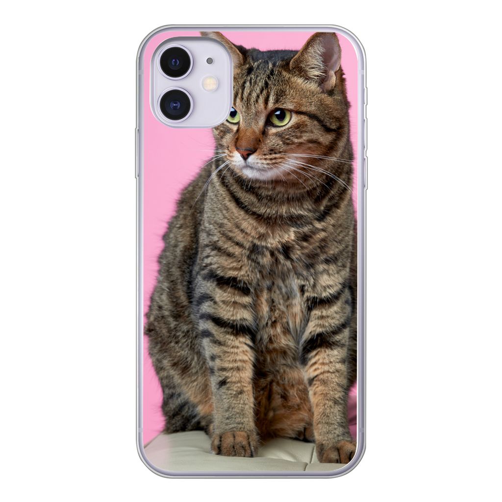MuchoWow Handyhülle Schutzhülle Hülle für iPhone 11 Katze - Rosa - Pouf - Mädchen - Kinder - Kinder Silikon Softcase Handy Hülle - Handytasche