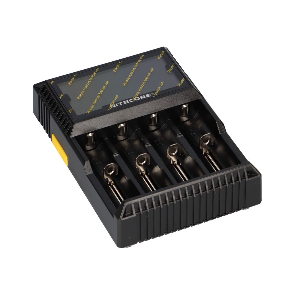A Nitecore D4 battery charger with four battery slots is shown against a white background.