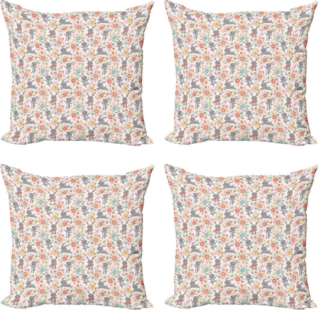 ABAKUHAUS Frühling Kissenbezug Set (4 Stück), Puderquaste Tailed-Häschen, Moderner Doppelseitiger Digitaldruck, 50 cm x 50 cm, Mehrfarbig