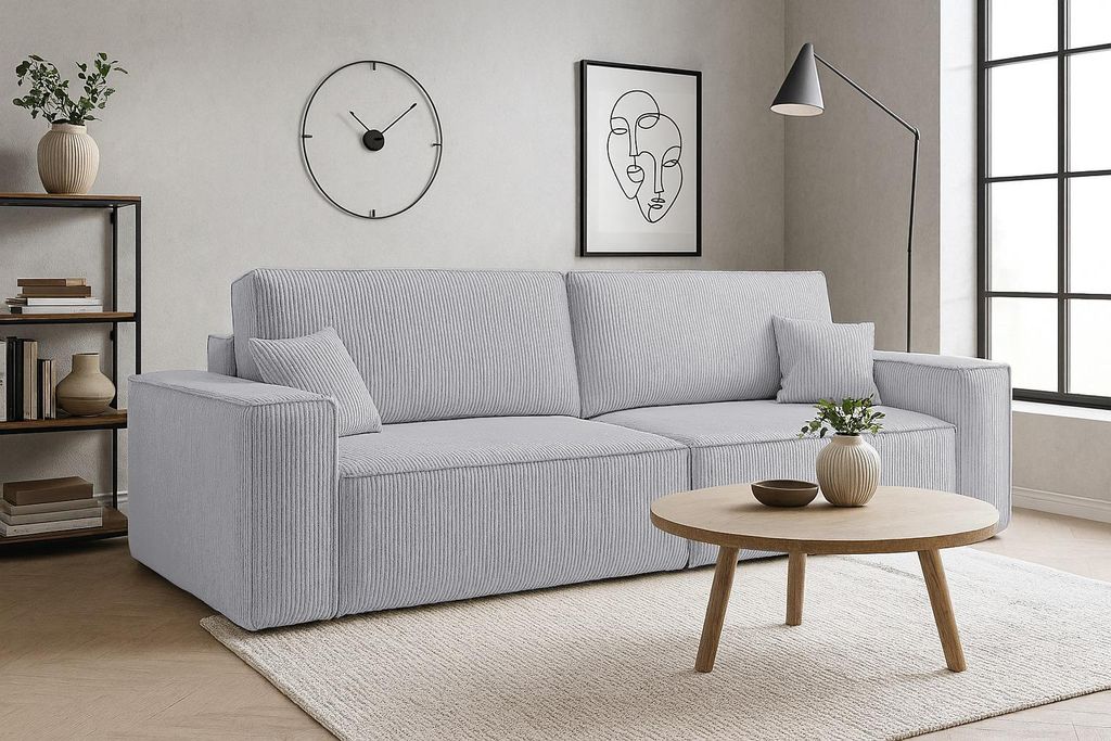 VENASI HUGO Polstersofa mit Schlaffunktion und Bettkasten Couch Sofa Cord Bettsofa Schlafsofa Grau