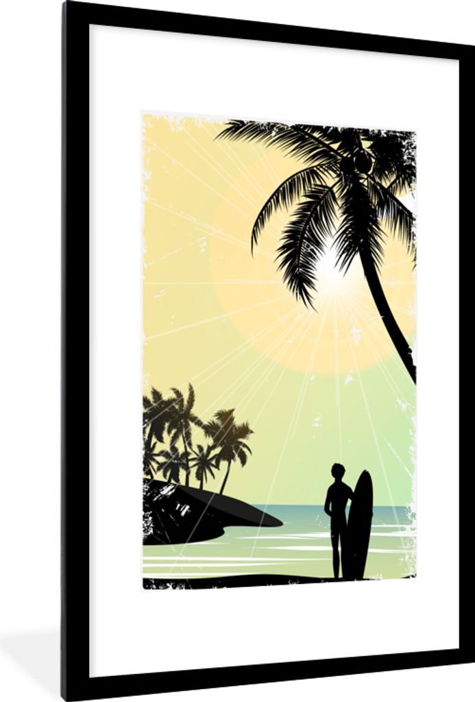 MuchoWow MuchoWow Gerahmtes Poster Strand - Surfbrett - Sonne - Palmen 60x90 cm - Poster mit zchwarzem Bilderrahmen - Dekoration - Wandposter W...