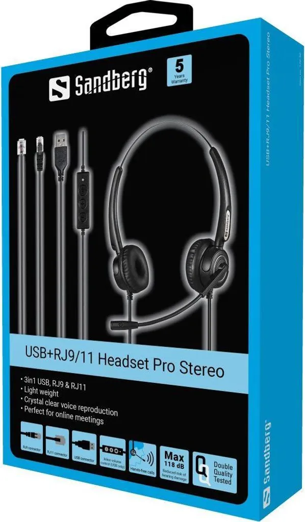 Casque pour Télétravail et Bureau Stéréo - Solution USB + RJ9 Sandberg