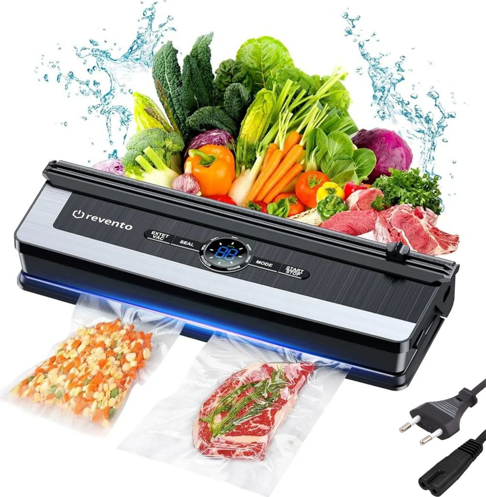 A vacuum sealer appliance with various fresh food items, including vegetables and raw meat, displayed above it, with two vacuum-sealed bags (one with diced vegetables and another with a steak) in front of the appliance.