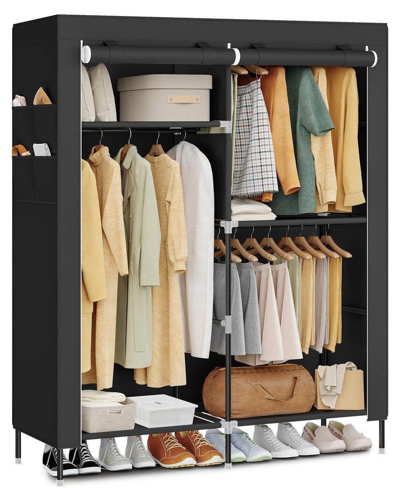 Tragbarer Stoffkleiderschrank - Garderobenschrank - Metallrahmen - 127×45×180 cm - Reißverschluss - Faltbar - Seitentaschen - Schwarz