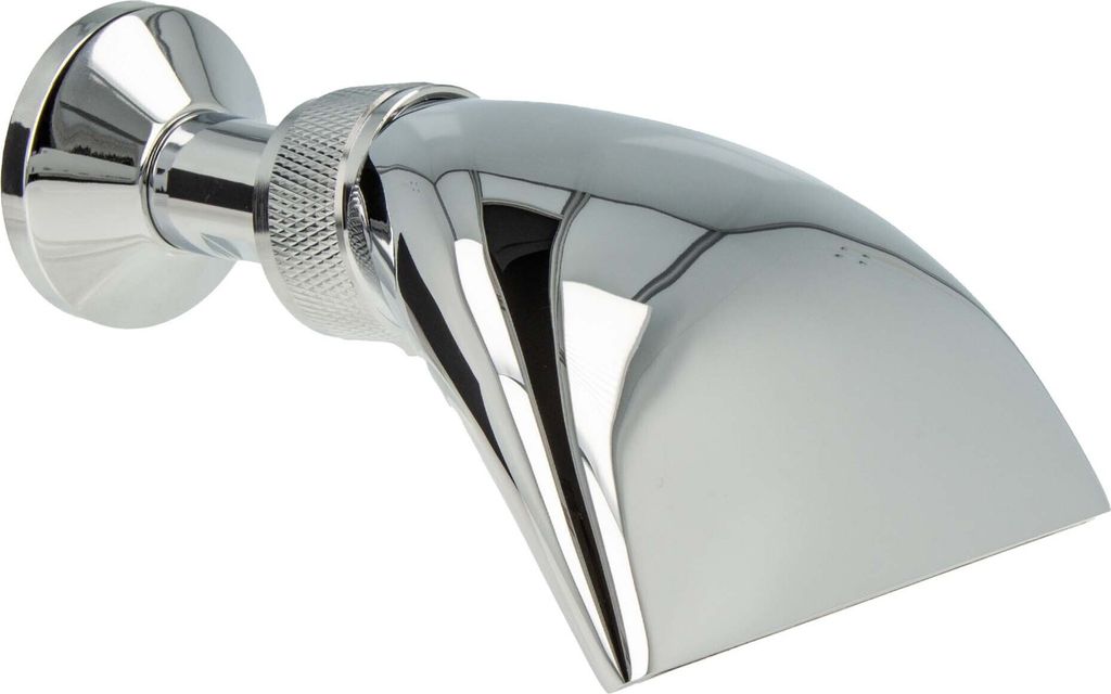 A chrome-plated shower head with a curved, wide spout, mounted on a wall fixture.
