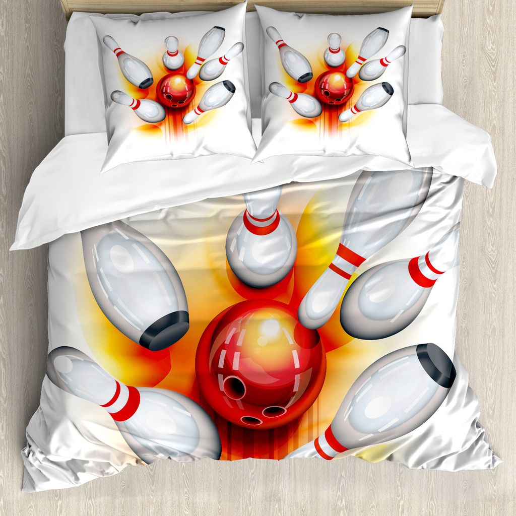 ABAKUHAUS Bowling-Party Bettbezug, Red Ball Spread-Pins, Milbensicher Allergiker geeignet mit Kissenbezügen, 200 cm x 200 cm - 80 x 80 cm, Rot Ora...
