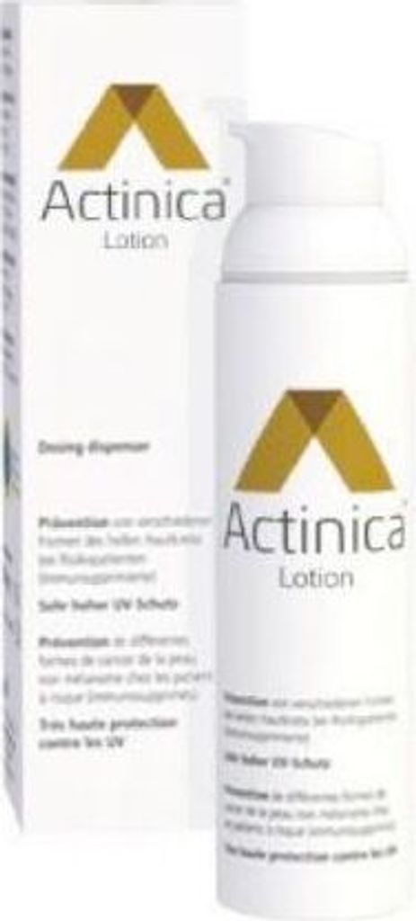 A product shot of Actinica Lotion packaging and bottle against a white background.