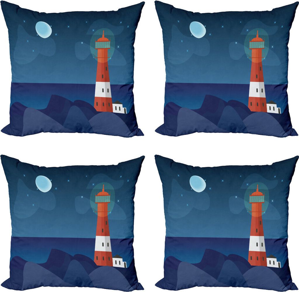 ABAKUHAUS Nachtozean Kissenbezug Set (4 Stück), Leuchtturm bei Nacht, Moderner Doppelseitiger Digitaldruck, 45 cm x 45 cm, Nachtblau Multicolor