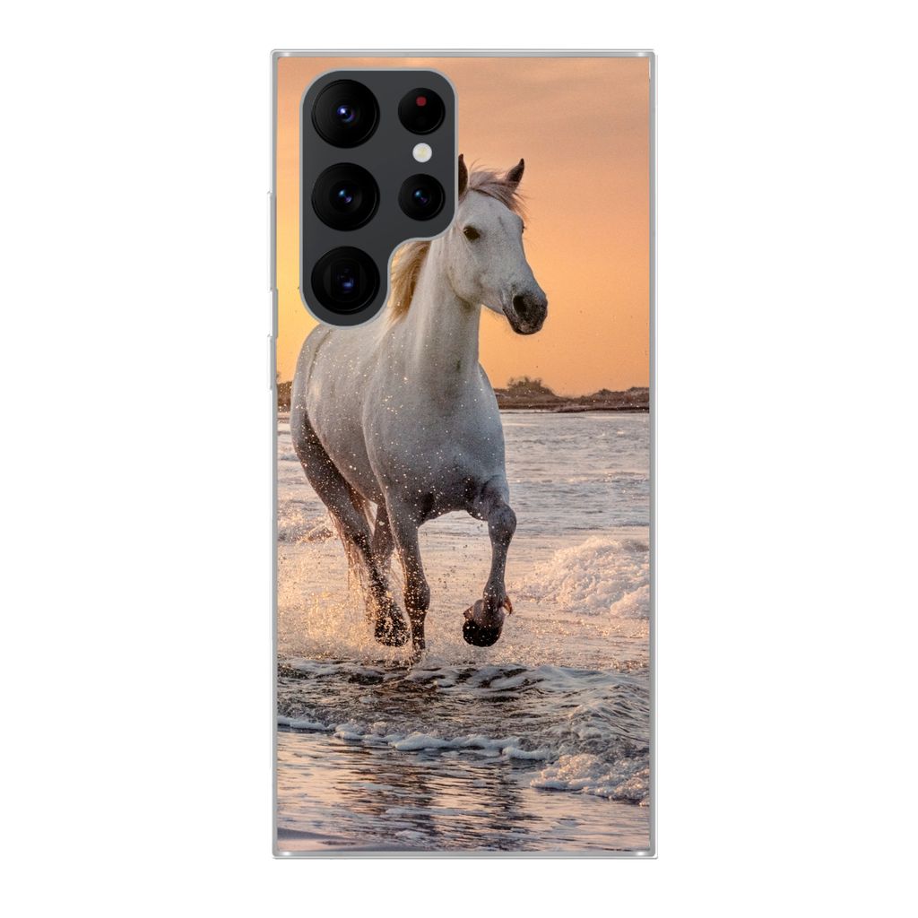 MuchoWow Handyhülle Schutzhülle Hülle für Samsung Galaxy S22 Ultra Pferde - Sonne - Meer - Strand - Tiere Silikon Softcase Handy Hülle - Abb...