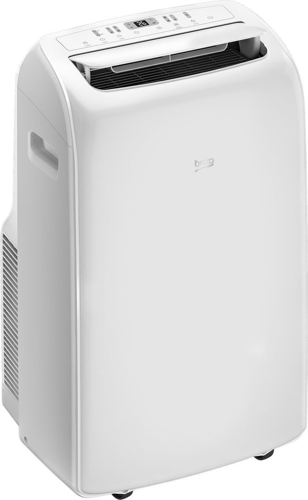 A white portable air conditioner is shown against a white background.