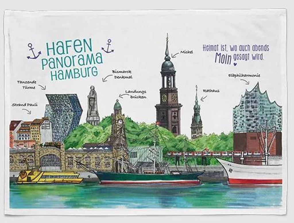 Geschirrtuch Hamburg Panorama Hafen, Geschirrtücher Mitbringsel Geschenkidee