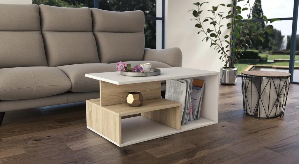 Table basse LIHUA 100cm chêne sonoma robuste avec finitions blanches - 2
