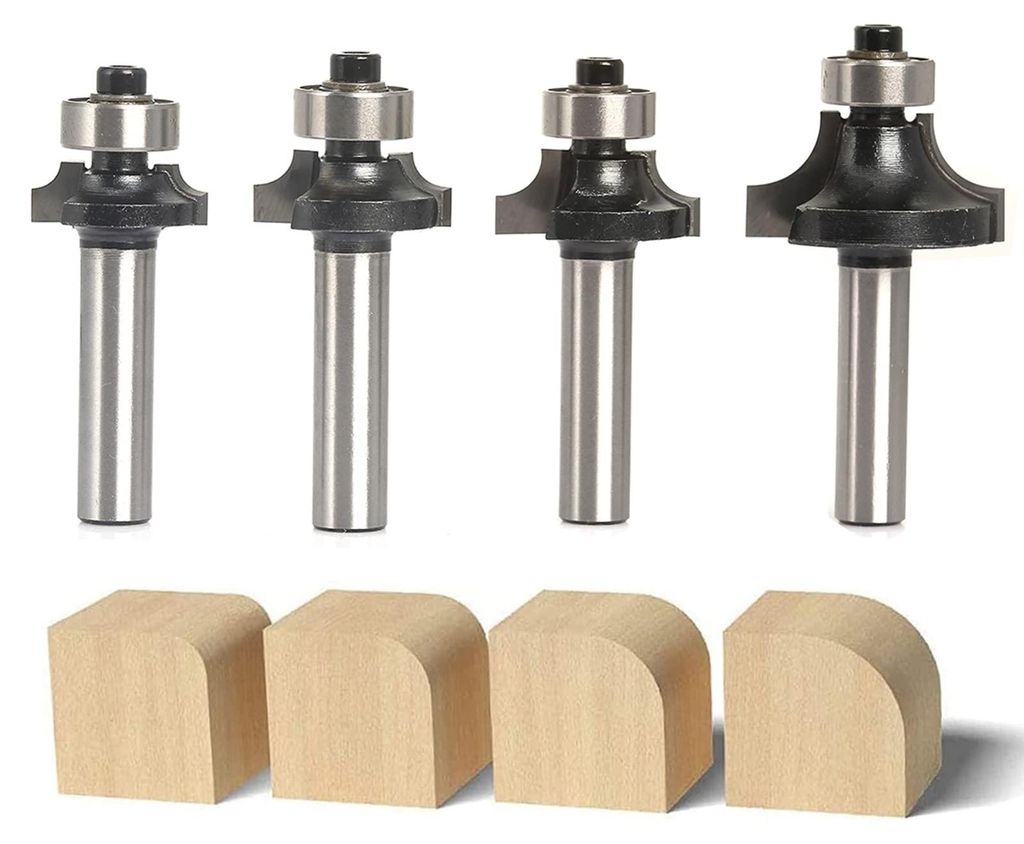 Satz mit 4 Abrundfräsern, 8 mm Schaft, Standardradius, mit Kugellager, für Oberfräse/Frästisch