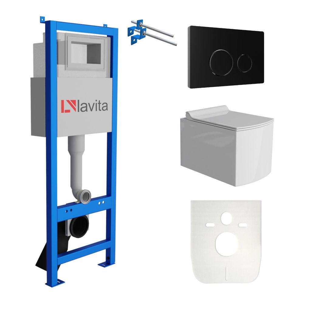 Lavita LAV 101 Vorwandelement für WC 40cm + Wand Hänge Tiefspül WC FAGO Weiß Spülrandlos + Bedienplatte LAV 200.4.4 Schwarz | Komplettset | Un...
