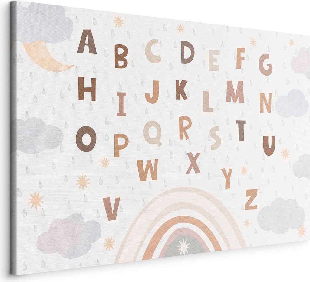 Vliesstoff Leinwandbild - Letters Above the Rainbow - Letters Among Streams of Rain and Clouds with a Rainbow Moon and Stars on a Light Background ...