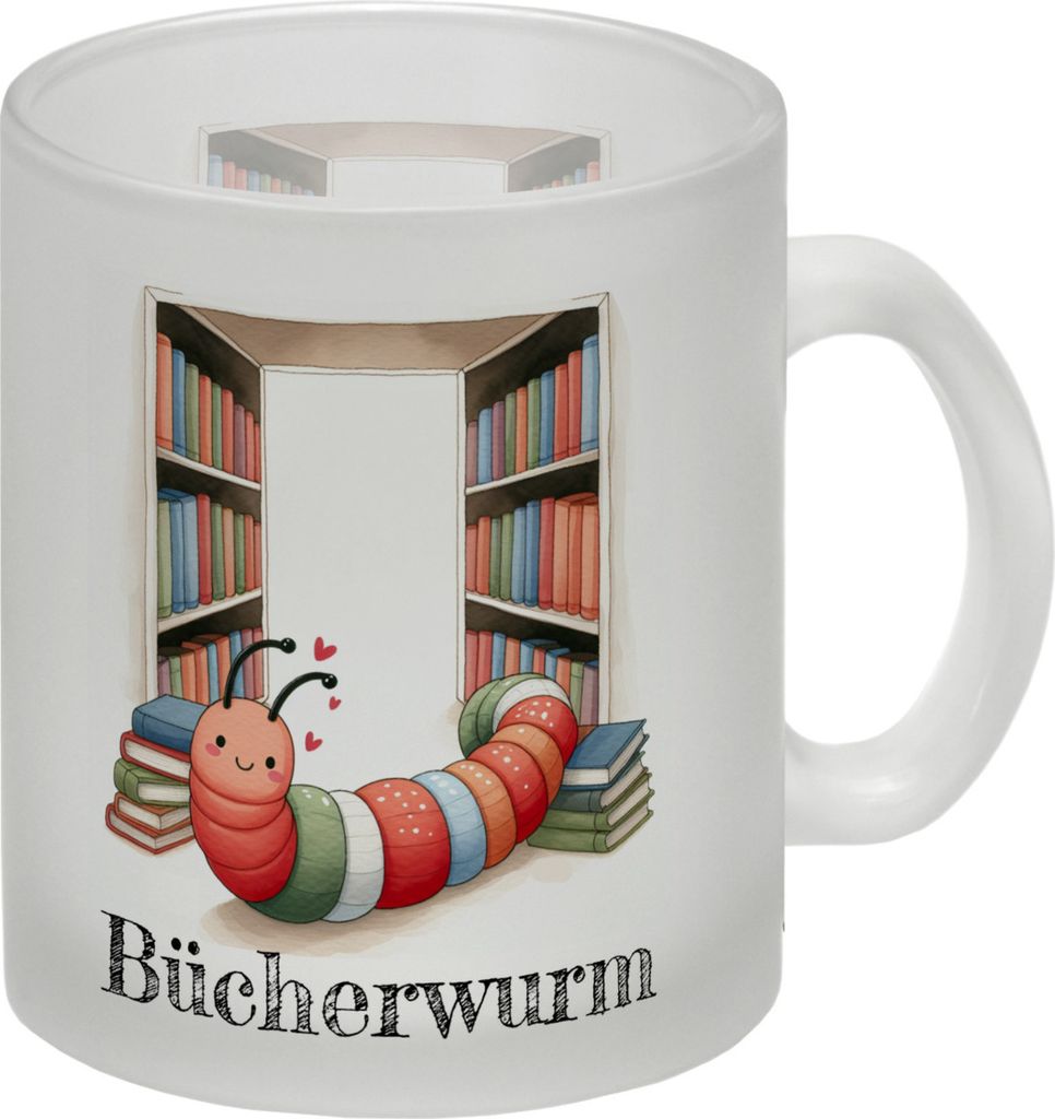 Bücherwurm Glas Tasse mit Wurm in der Bibliothek Produktbild 
