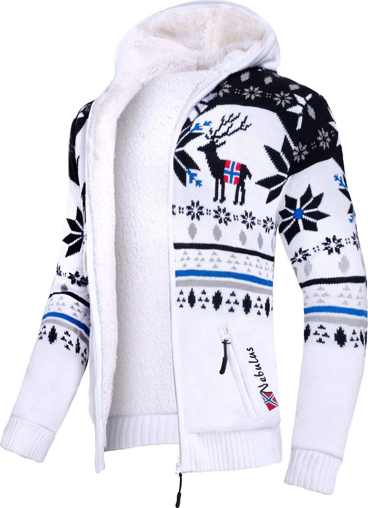 Nebulus Norweger Jacke Hoody mit Teddyfell NORON Herren, mit Kapuze, schicker Pullover im Norweger-Style, P6402 - Herren, weiß-schwarz, M