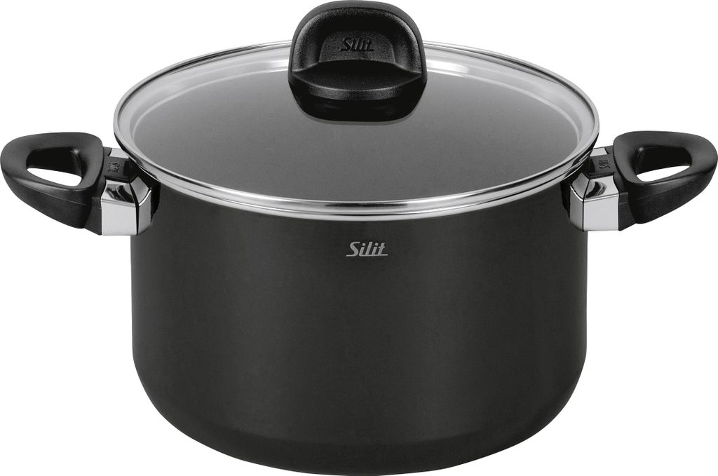 A black pot with a glass lid and black handles, shown from a front-side angle.