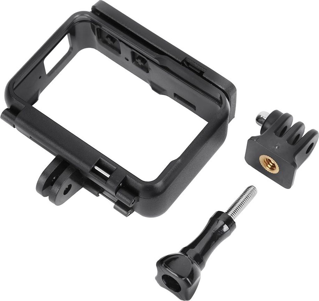 A black protective frame and accessories for an action camera are displayed against a white background.