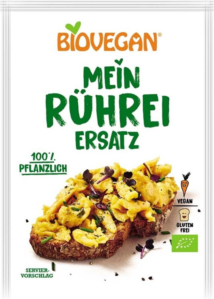 A product package for Biovegan Mein Rührei-Ersatz, featuring a picture of the prepared product on toast.