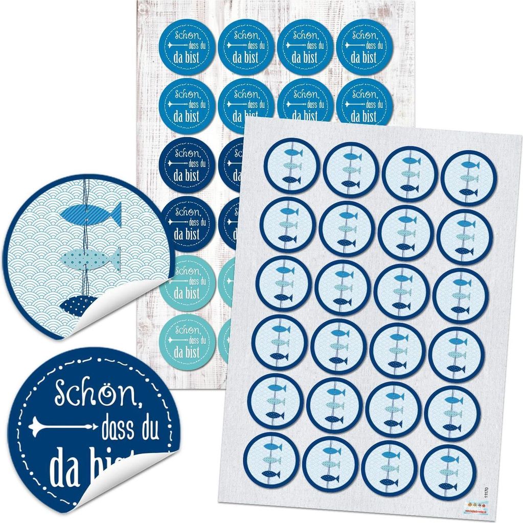 2 x 48 SCHÖN DASS DU DA BIST Aufkleber + FISCHE runde selbstklebende maritime Sticker blau türkis Etiketten Verpackung Geschenke Kommunion Tischk...
