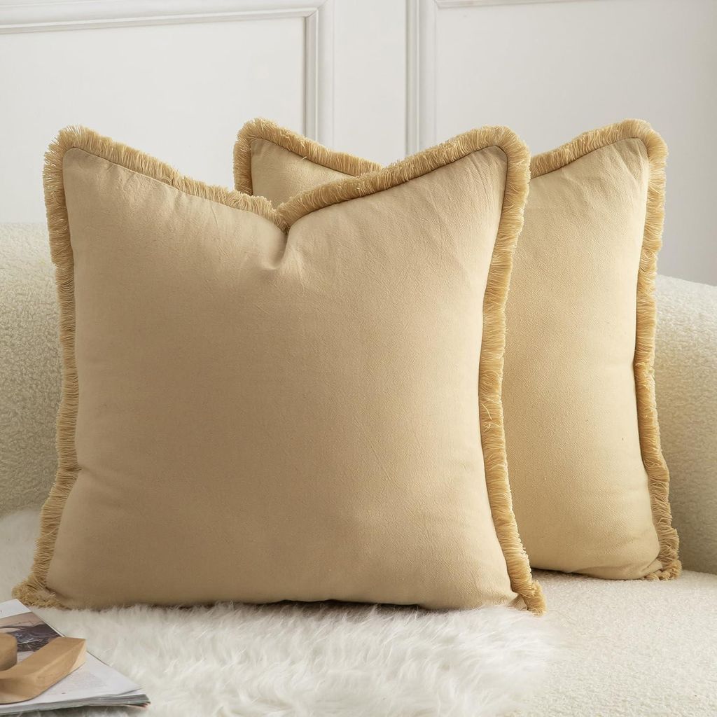 Set mit 2 Baumwollkissenbezügen mit Quasten, 50 x 50 cm, Khaki, Dekokissen, Boho-Sofakissen, Kissenbezüge, Wohnaccessoires