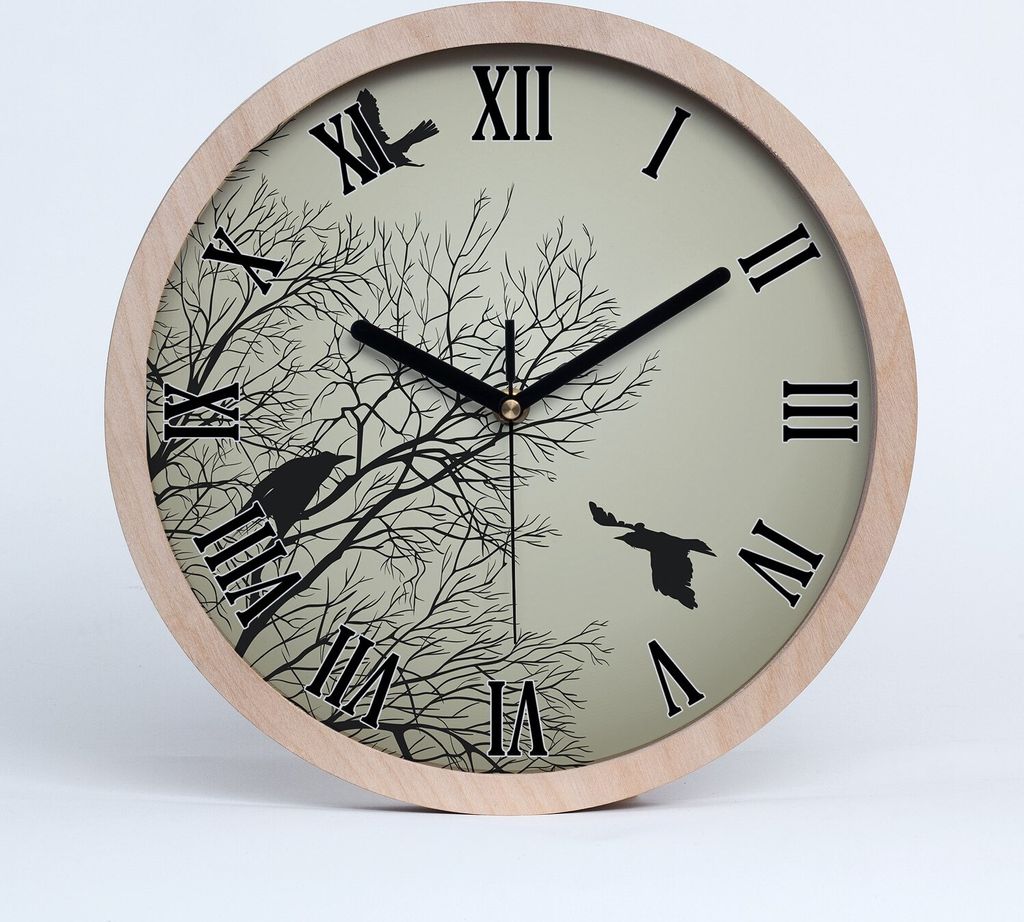Holzuhr 30fi cm wanduhr - schwarze Spitzen - Krähen in einem Baum
