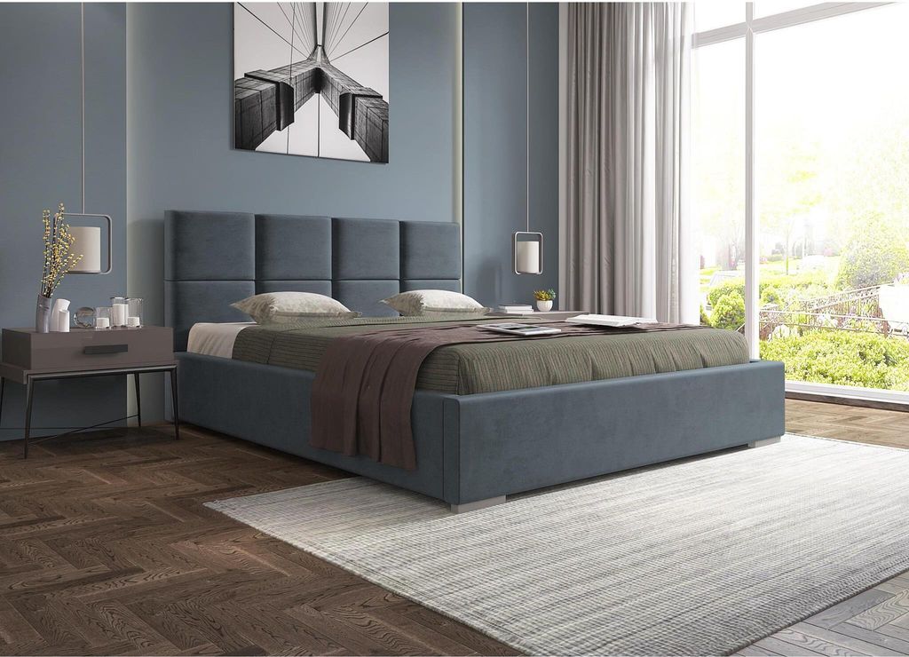 Gepolsterte Bett mit Velours-Bezug Axel Polsterbett mit Holzgestell mit 40 Leisten inklusive Bettkasten und Federmechanismus, Farbe: Dunkelgrau, Gr...
