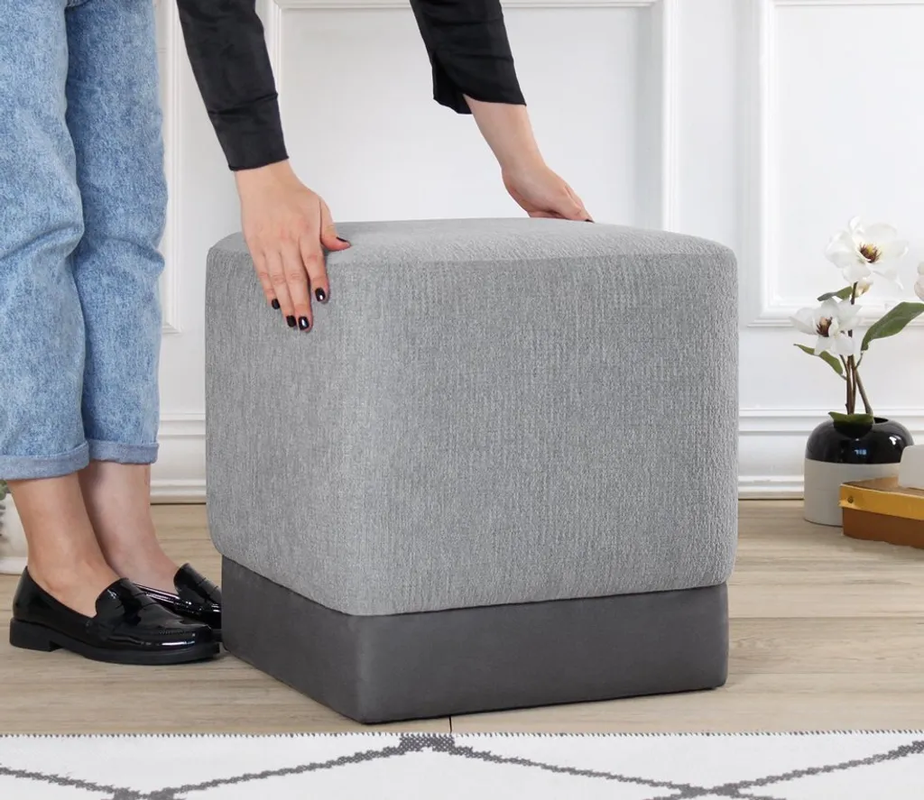 Pouf d'Appoint Gris 45cm : Solution de Siège Compacte en Coton et Lin