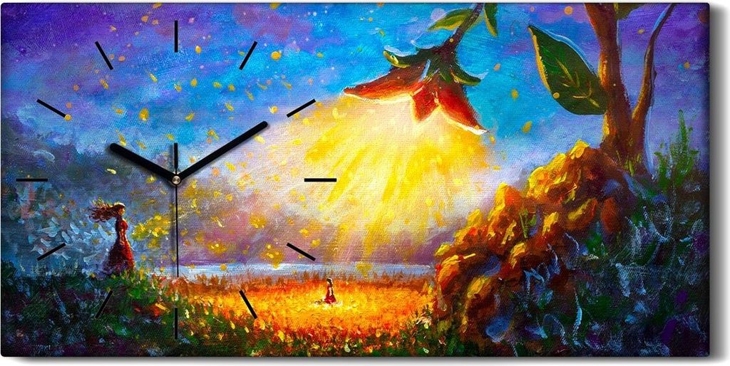 Wanduhr Uhr Wandbild Leinwand 60x30 Blume kleines Mädchen und Frau Märchen - schwarze Hände