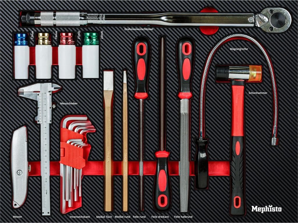 Mephisto Werkzeug Drehmomentschlüßel, Feilen-Set, usw. in Carbon Look Soft Inlay