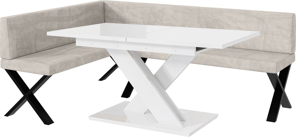 MEBLINI Eckbank für Esszimmer mit ausziehbarem Tisch - Küchenbank - Essecke - Sitzecke Küche - TONI - X-Beine 142x196x87cm Links - Beige Samt/B ...