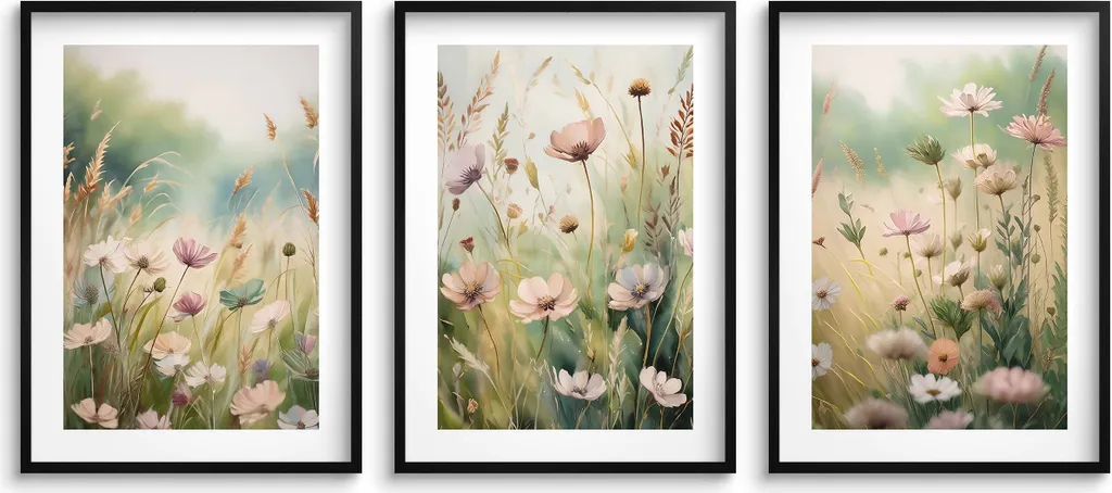 Poster per soggiorno, cucina, prato fiorito colorato, decorazione murale, 3x 50x70