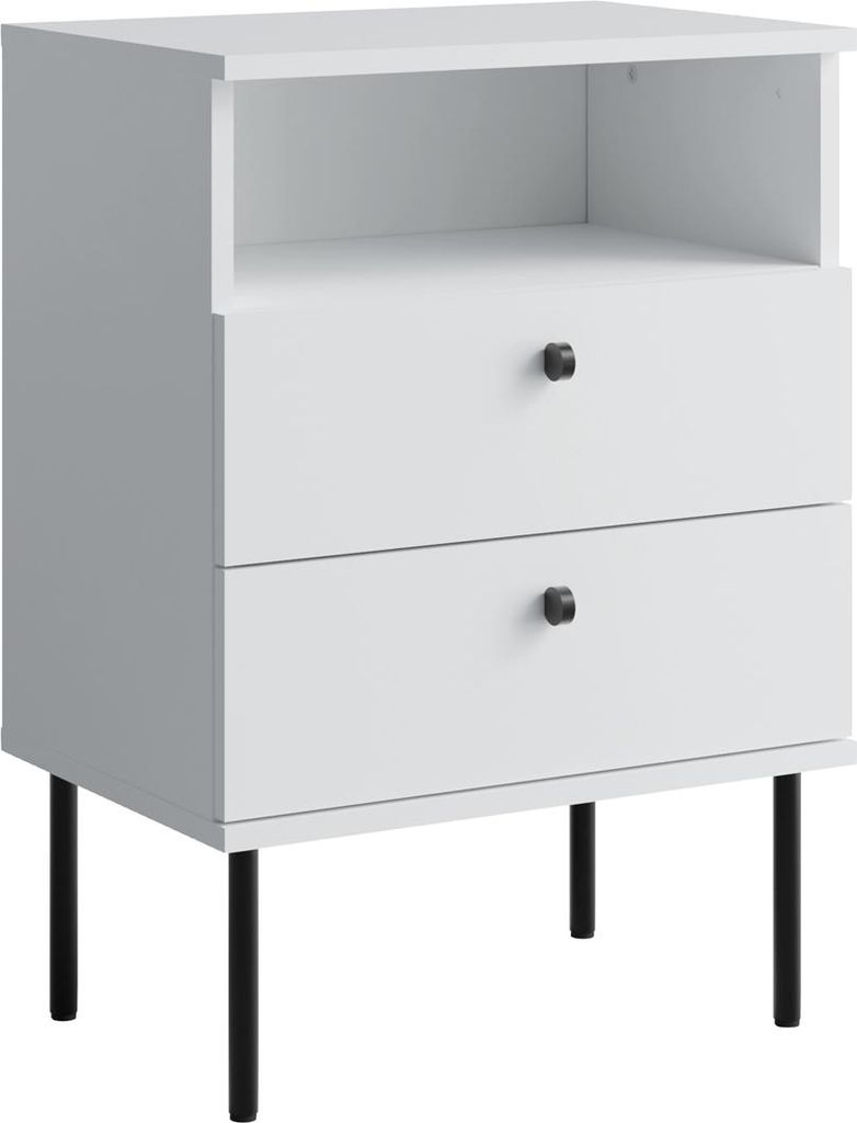 A white nightstand with two drawers and an open shelf, shown from a front-diagonal angle on a white background.
