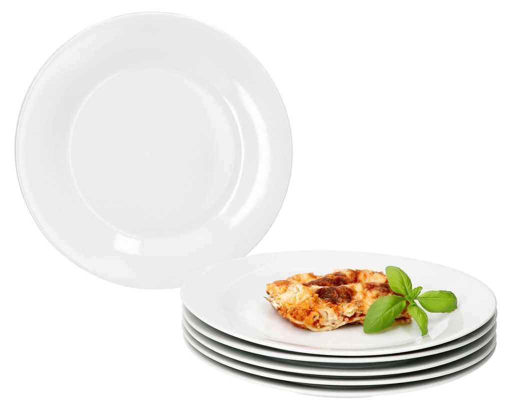 A stack of white plates, with one plate on top showing a slice of pizza with a basil leaf garnish.