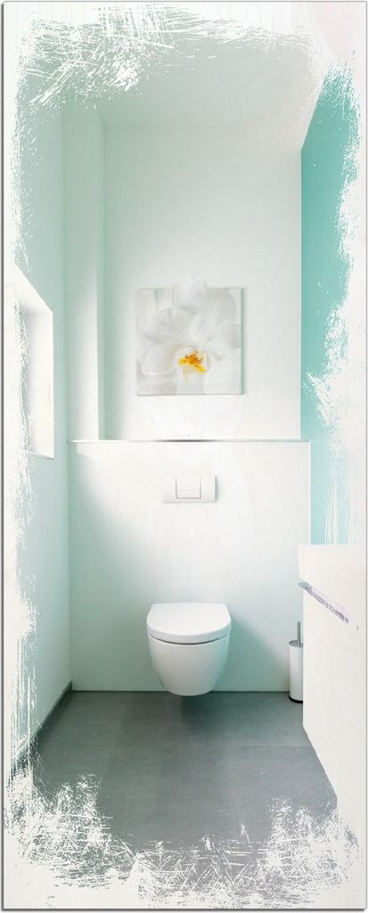 Wallario Kunstdrucke Wandbilder Holz in : Brillante Farben, Größe 50 x 125 cm Motiv Badezimmer Gästetoilette Innenansicht - WC und Waschbecken