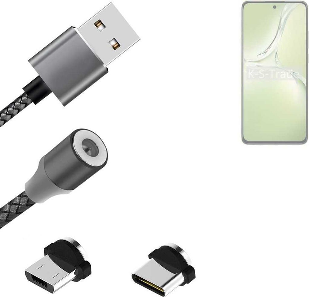 K-S-Trade Hochwertiges Magnet-Lade-kabel Sync-Kabel Daten-Kabel kompatibel mit Oppo K12x 5G CPH2667 mit USB-Typ-C-Anschluss und Micro-USB-Anschluss 2A