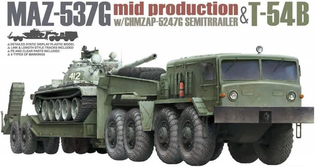MAZ-537G et Char T-54B 1:72 Takom avec Remorque Détaillée ChMZAP-5247G
