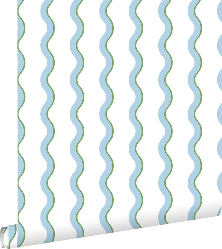 ESTAhome Tapete wellenförmige Streifen Blau, Grün und Weiß 50 x 900 cm