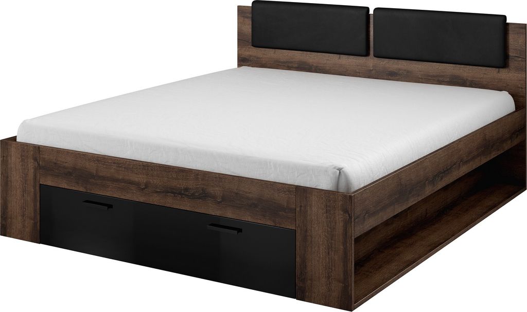 Furniture24 Bett Galaxy Bettrahmen Bettgestelle Schlafzimmer Ehebett mit Schublade Gepolsterte Kopfteile 180x200 cm, Monastery Eiche/Schwarz Glanz