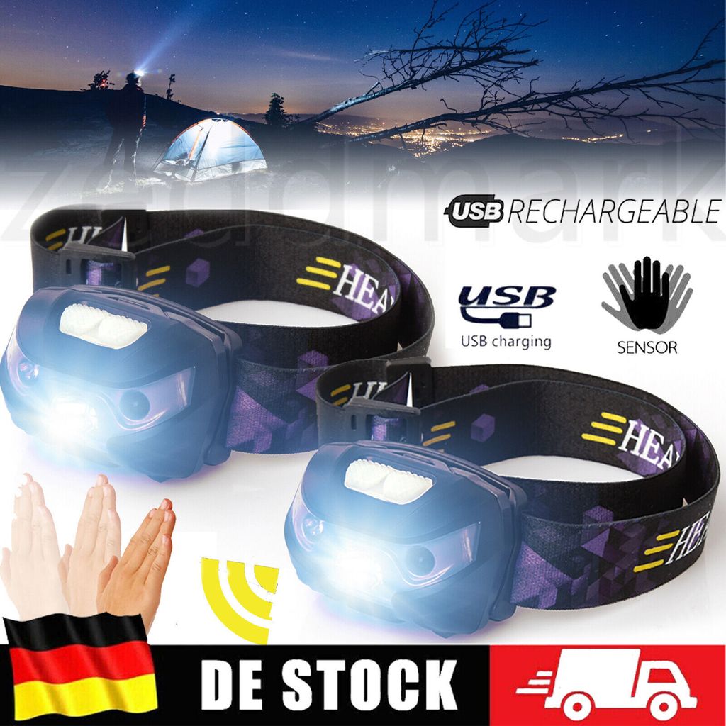 2 Pcs LED Stirnlampe Super Hell 60000LM USB Wiederaufladbar Bewegungssensor Kopflampe