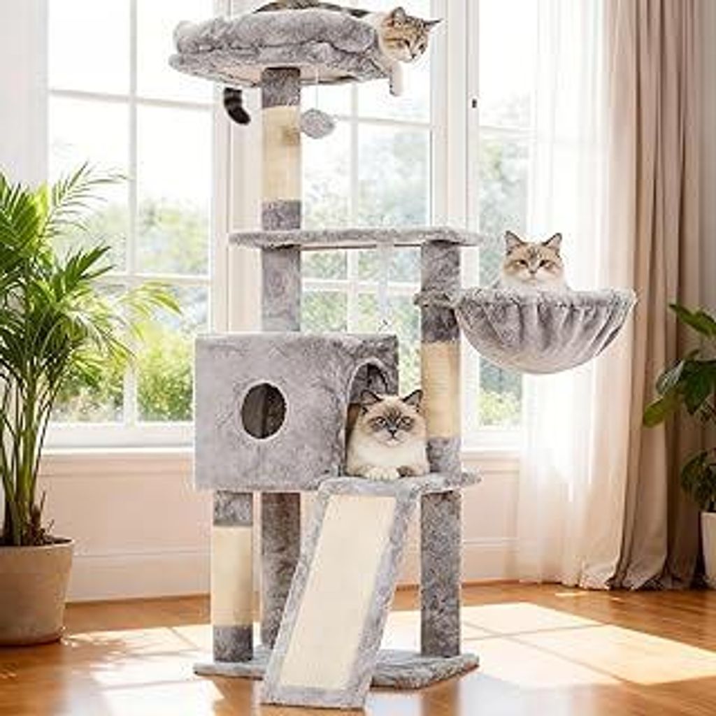 Hey-brother Kratzbaum, 108cm Indoor Katzenbaum, mehrstöckiger Katzenkratzbaum für Kätzchen, mit Kratzsäulen, Rampe, Körbchen, geräumigem Katz...