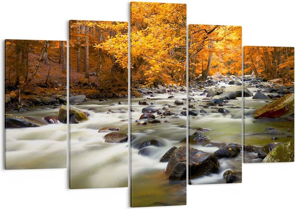 Bild auf Leinwand - Leinwandbild - Stream Herbst Forrest Berg - 150x100cm - Wand Bild - Wanddeko - Leinwanddruck - Bilder - Kunstdruck - Wanddekora...