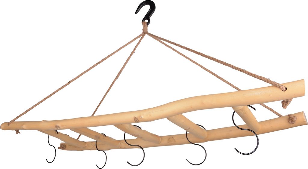 UNUS Dekoleiter Holz Aufhängen Eschenholz inkl. 5 Haken & Gusseisen Deckenhaken