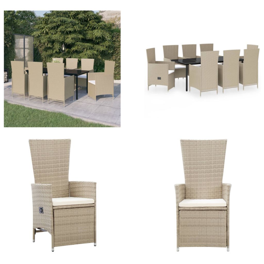 vidaXL 9 tlg. Garten Essgruppe mit Auflagen Beige - Garten Essgruppe - Garten Essgruppen - Gartenmöbel Set - Garten Möbelset