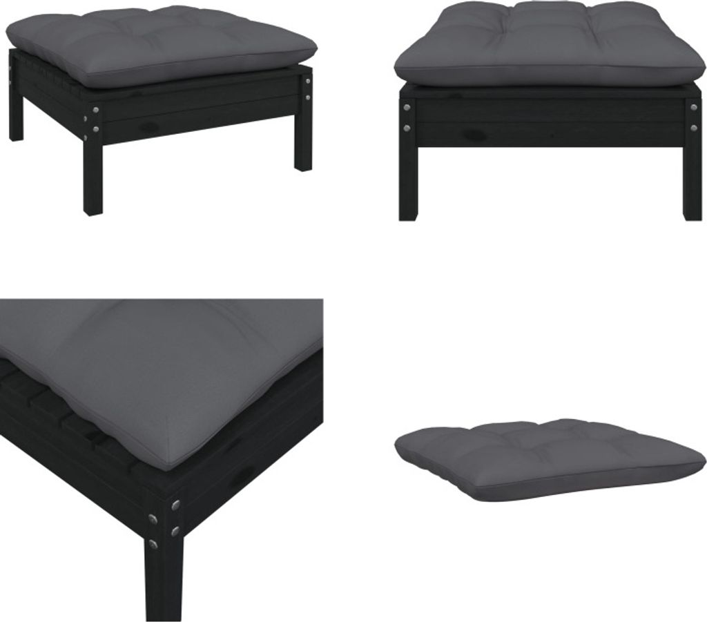 vidaXL Gartenhocker mit Anthrazit Kissen Schwarz Massivholz Kiefer - Gartenhocker - Hocker - Outdoor Hocker - Terrassenhocker