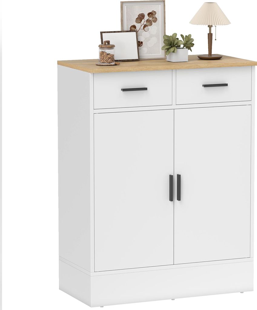 HOMCOM Sideboard mit Stauraum, Kommode mit 2 Schubladen, verstellbares Regal, Aufbewahrungsschrank für Küche, Wohnzimmer, Flur, Naturholz, Weiß
