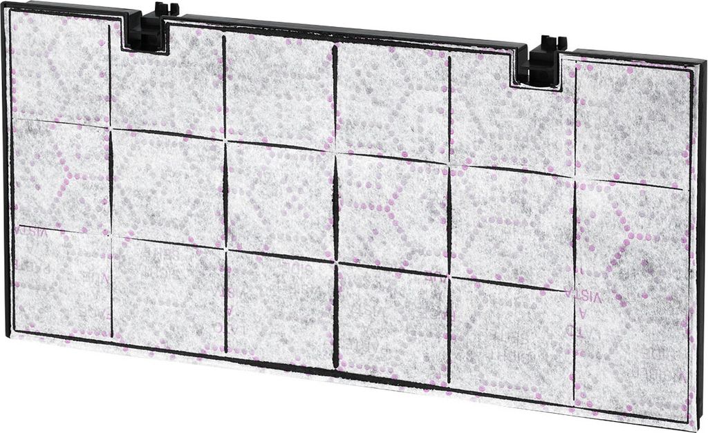 A close-up view of a rectangular air filter with a black frame and a white filter material divided into squares.