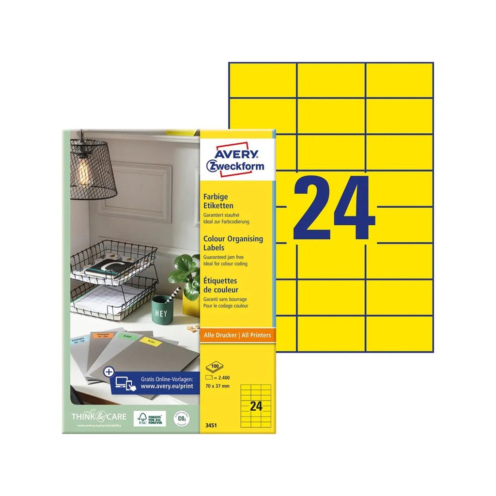 AVERY DP24J-100 Adressetikett, 70 x 35 mm, Neongelb