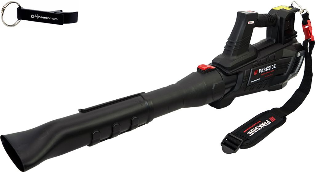 A black and gray cordless leaf blower with a black strap and a black keychain with a ring are shown against a white background.